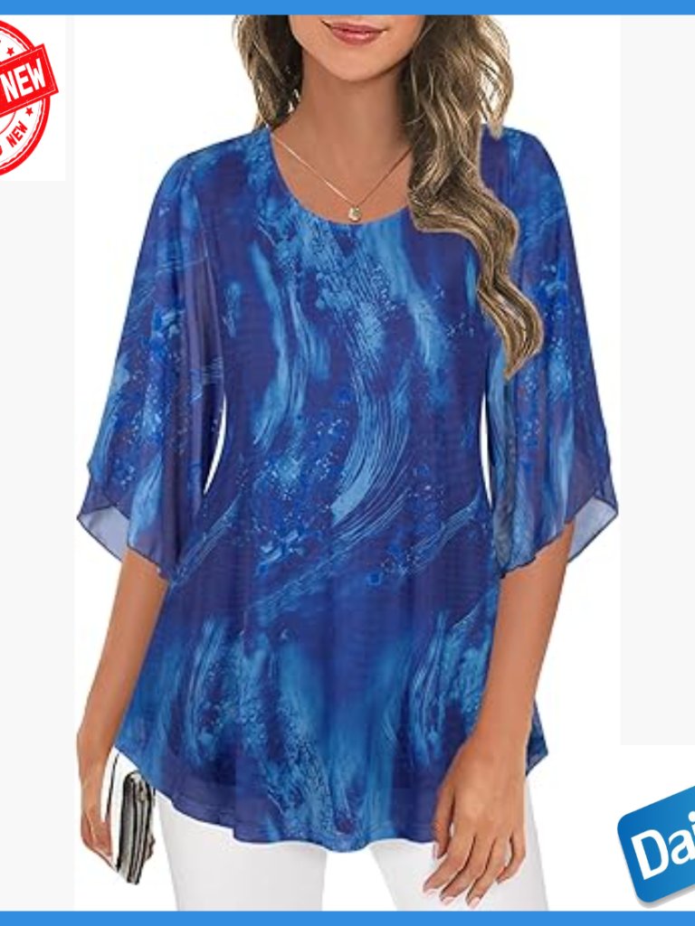 3/4 Sleeve Mesh Tunic Blouse, Double Layer, Flowy Hem, Loose Fit